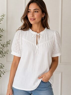 Greige White Ivory Eyelet Puff Sleeve Tie Neck Blouse Size L NWT